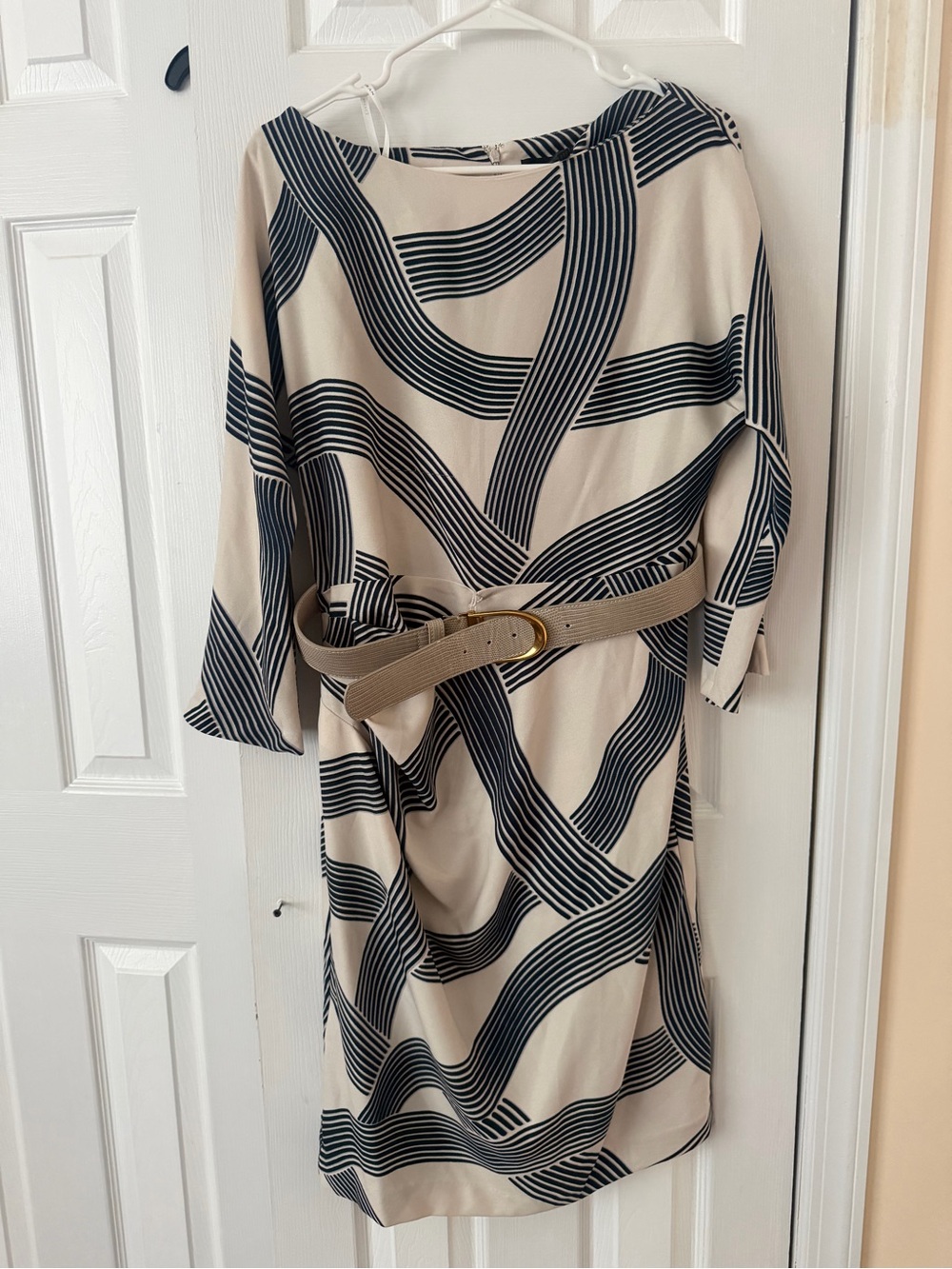 Donna Karan Cream Midi Dress with Black Wave Print and Beige Belt